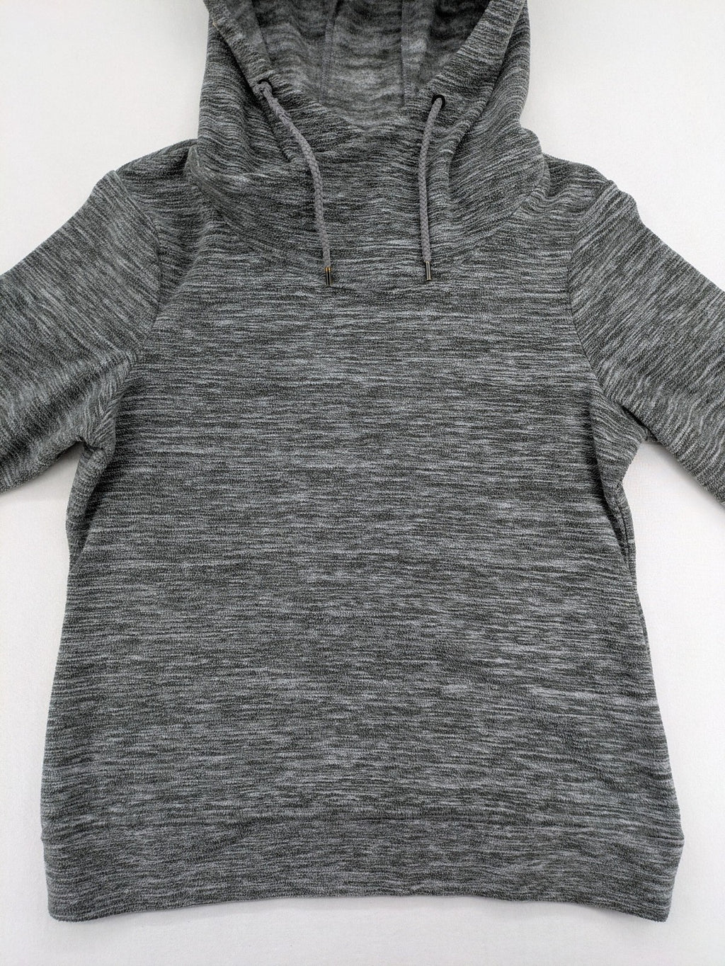 Crane grey fleece turtle neck jumper with adjustable drawstring hood and melange fabric.