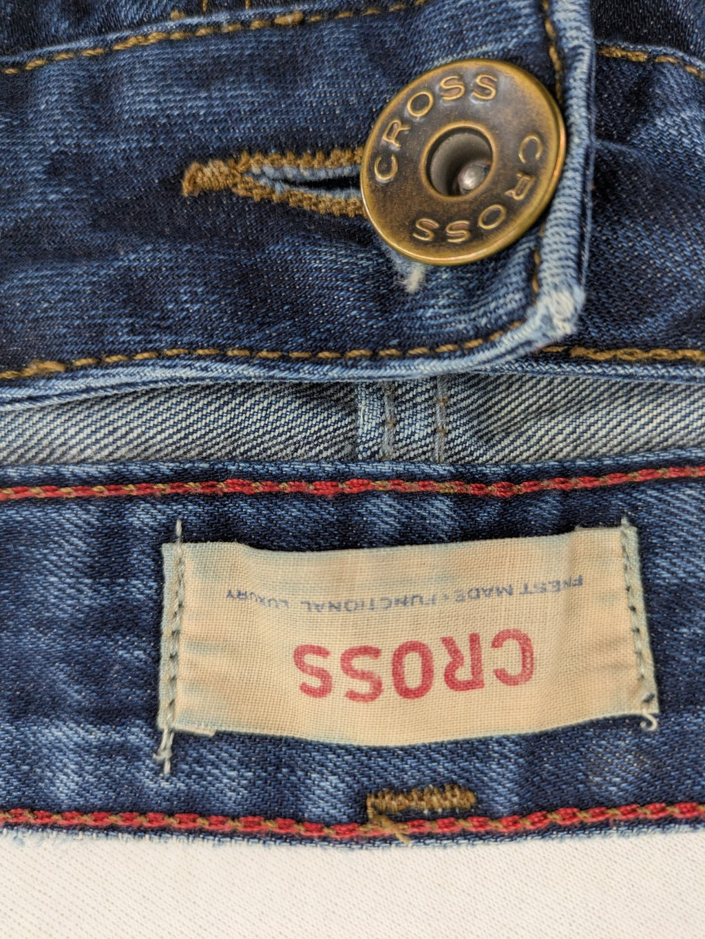 W32 blue straight jeans with classic 5-pocket design and dark wash denim.