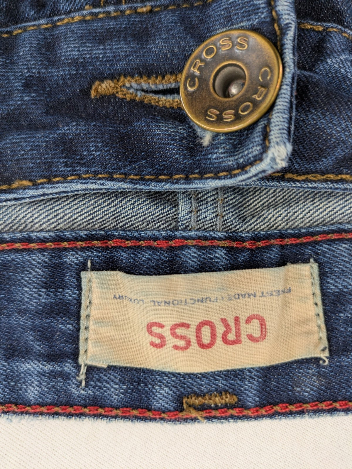 W32 blue straight jeans with classic 5-pocket design and dark wash denim.