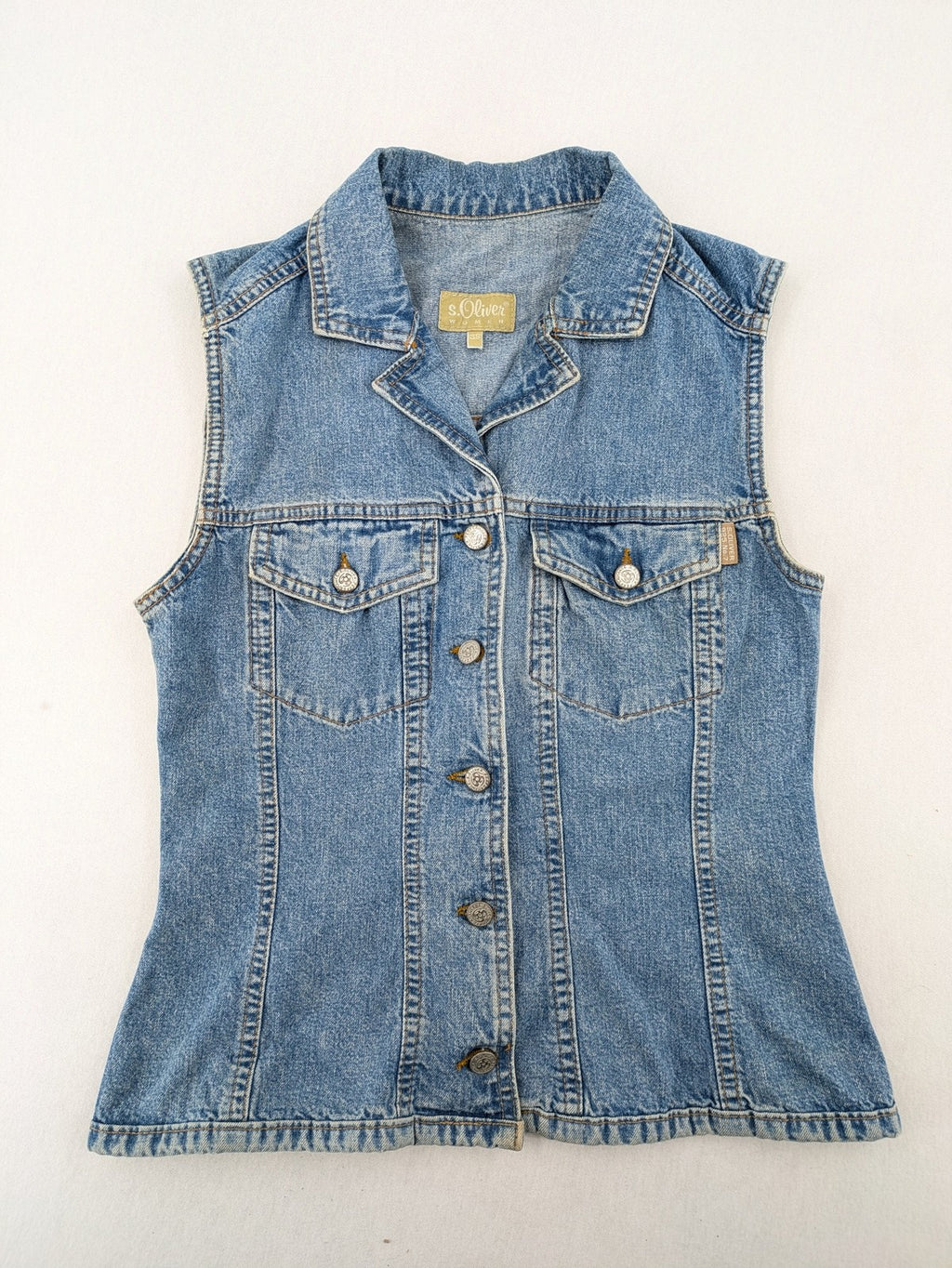 s.Oliver blue denim vest with button closure, pointed collar, and breast pockets.