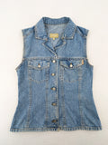 s.Oliver blue denim vest with button closure, pointed collar, and breast pockets.