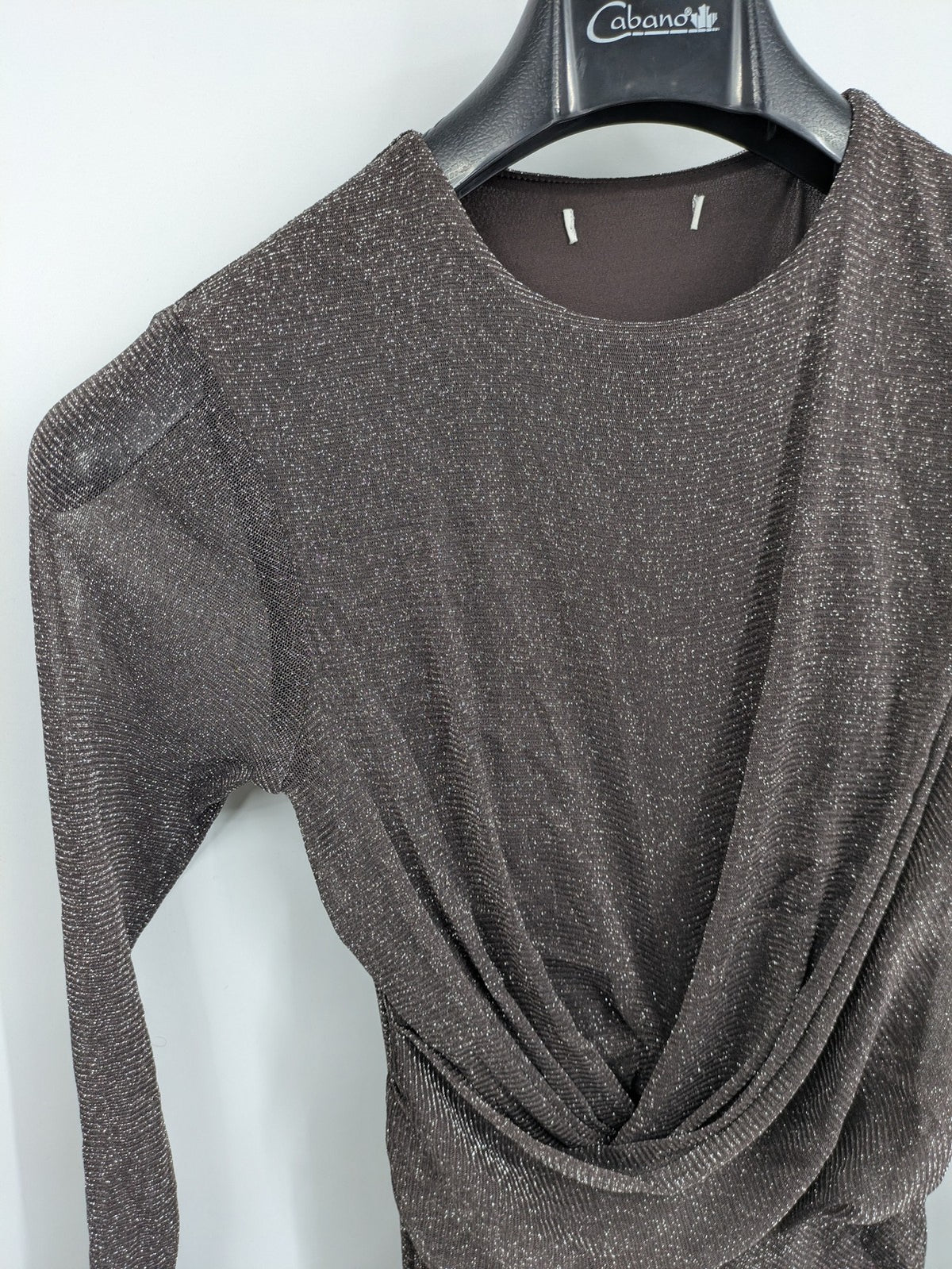 Abendkleid grey A-line dress metallic shimmer draped waist long sheer sleeves