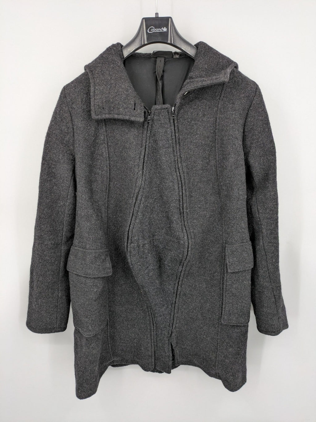 Mamalila grey coat 100% wool with hood and practical pockets, stylish design.