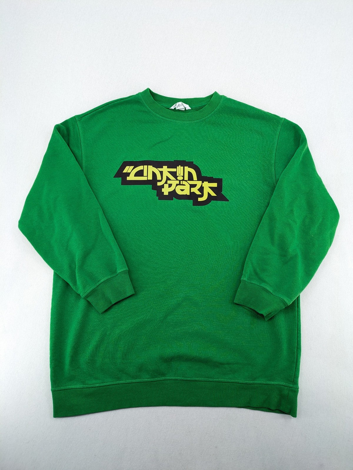 Linkin Park green sweatshirt featuring iconic band logo and classic crew neck design.