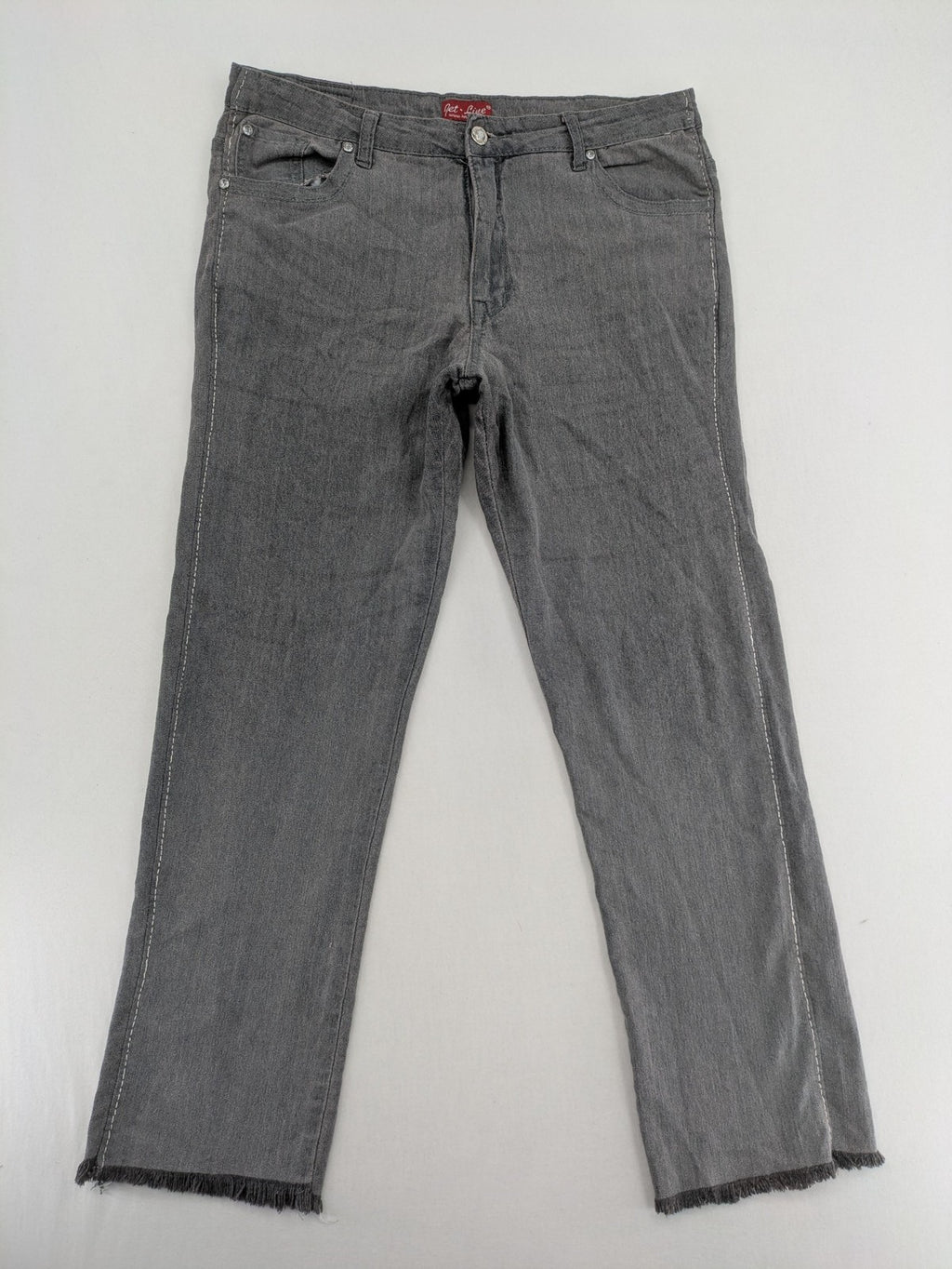 Jet Line grey straight jeans with embellished back pockets and frayed hem details.