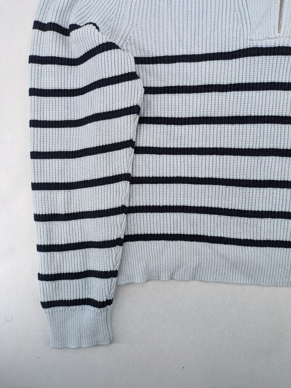 MNG blue striped turtle neck jumper with quarter zip and ribbed texture.