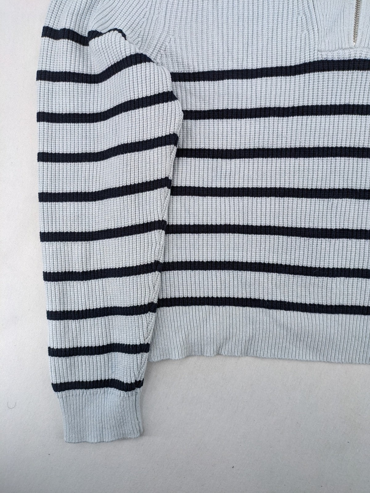 MNG blue striped turtle neck jumper with quarter zip and ribbed texture.