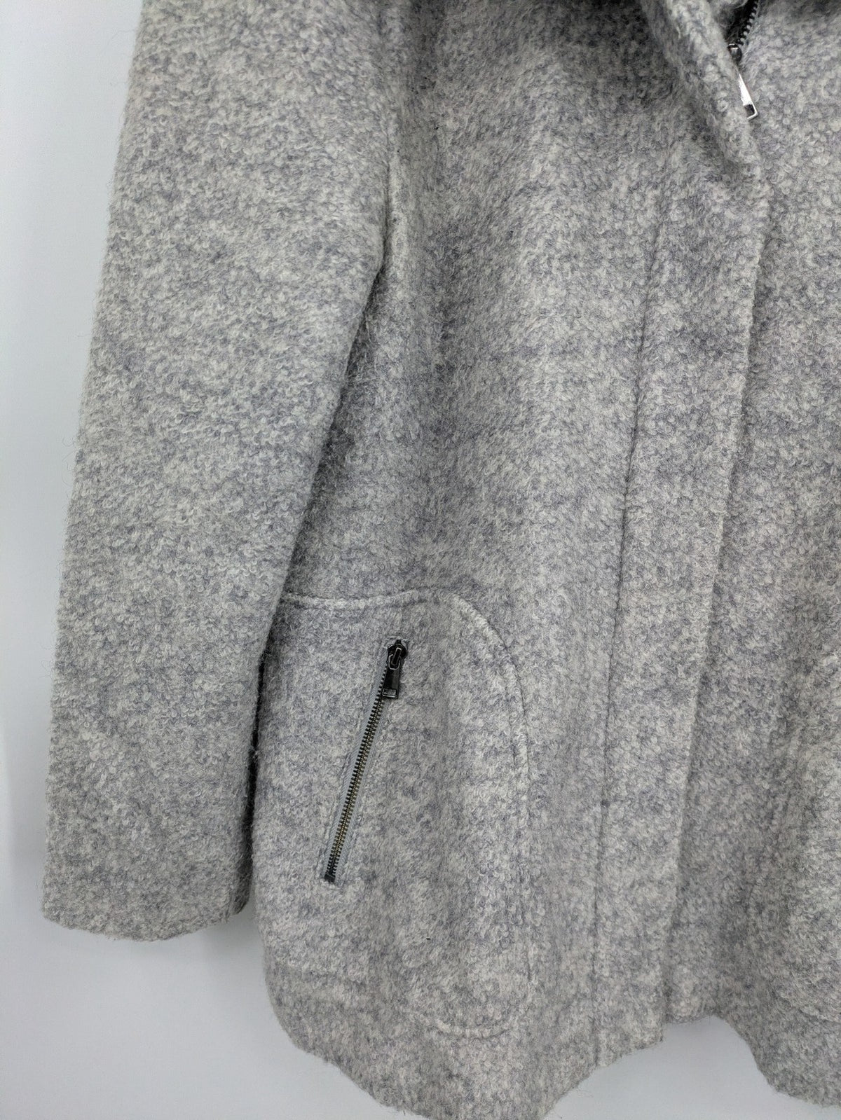 C&A grey jacket wool blend with hood, full zip, modern design, zip pockets.