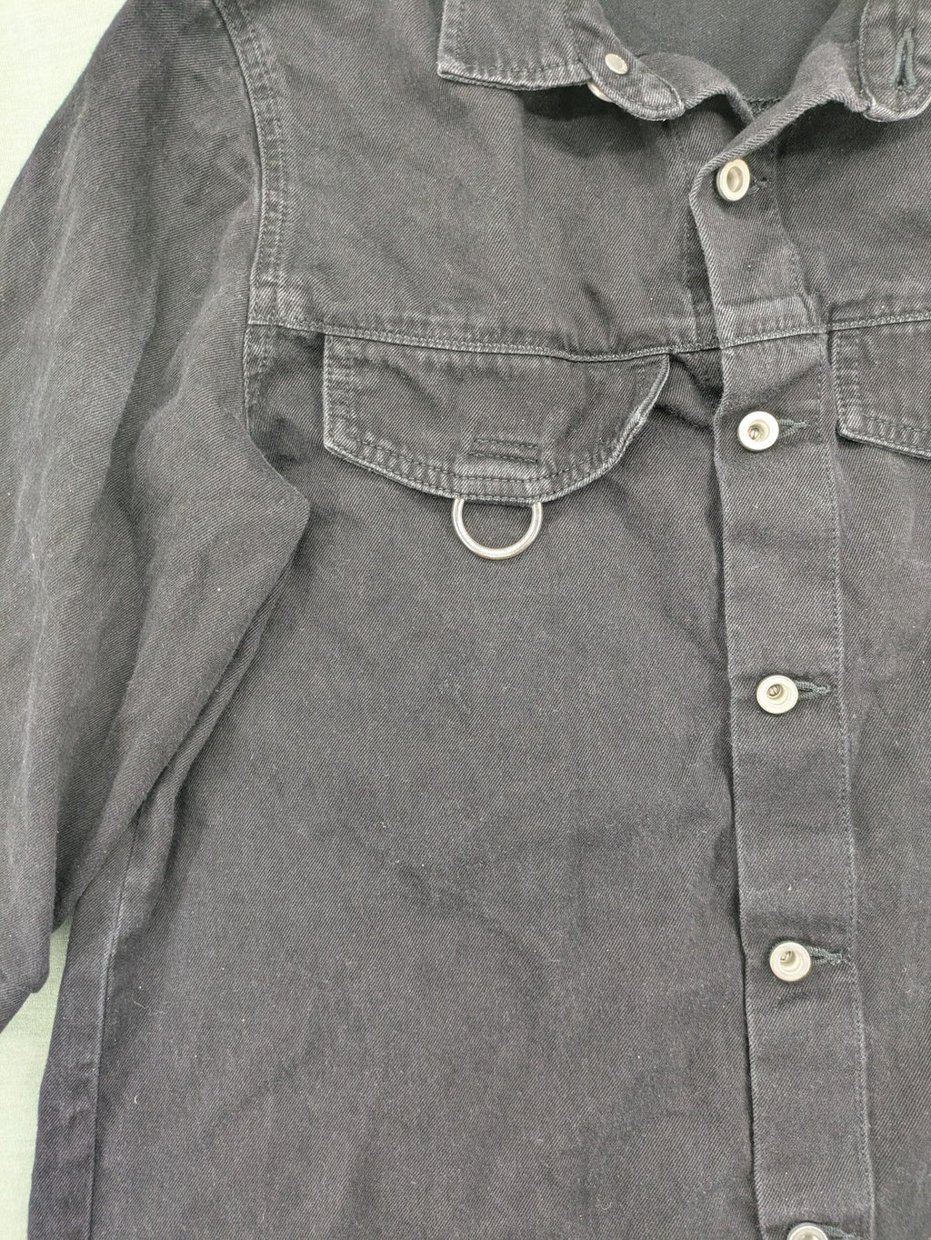 Diesel grey tunic top with denim front, pleated chiffon back, and D-ring detail.
