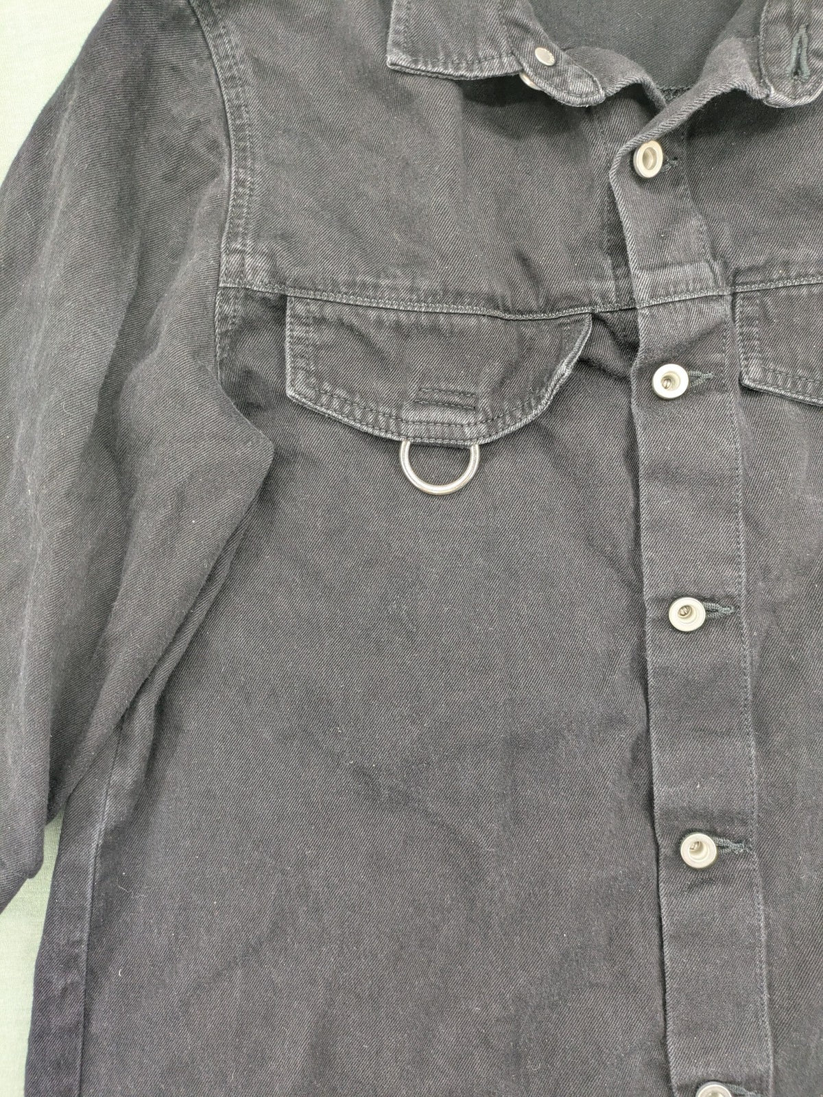 Diesel grey tunic top with denim front, pleated chiffon back, and D-ring detail.