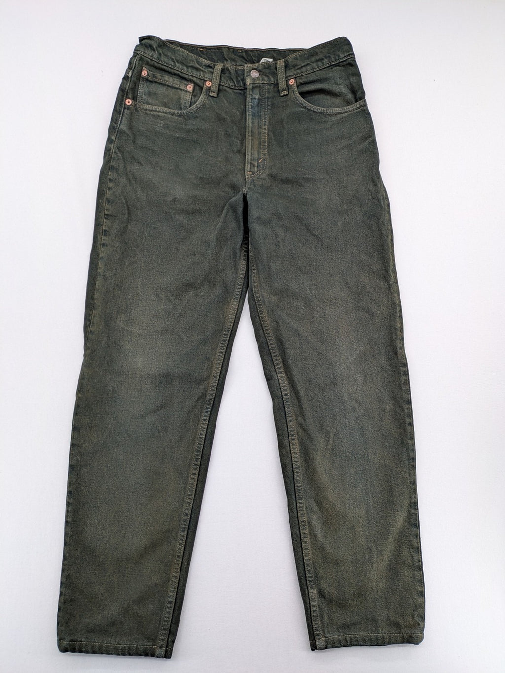 Levi's green 550 relaxed fit tapered jeans, vintage denim, made in USA.