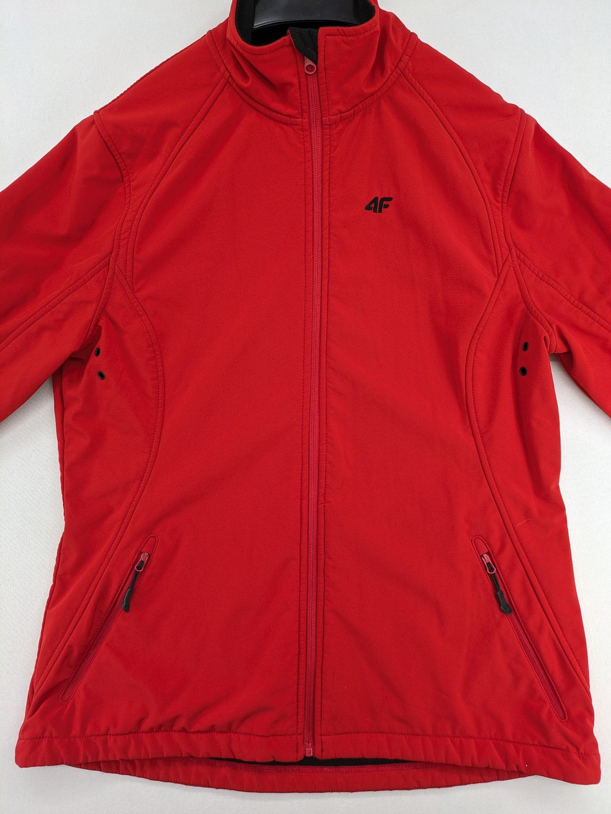 4F red softshell jacket with fleece lining and Aquatech 3000 logo detail.