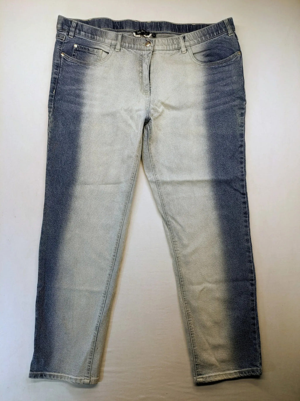 Ulla Popken blue straight jeans with used look, elastic waistband, and 5-pocket style.