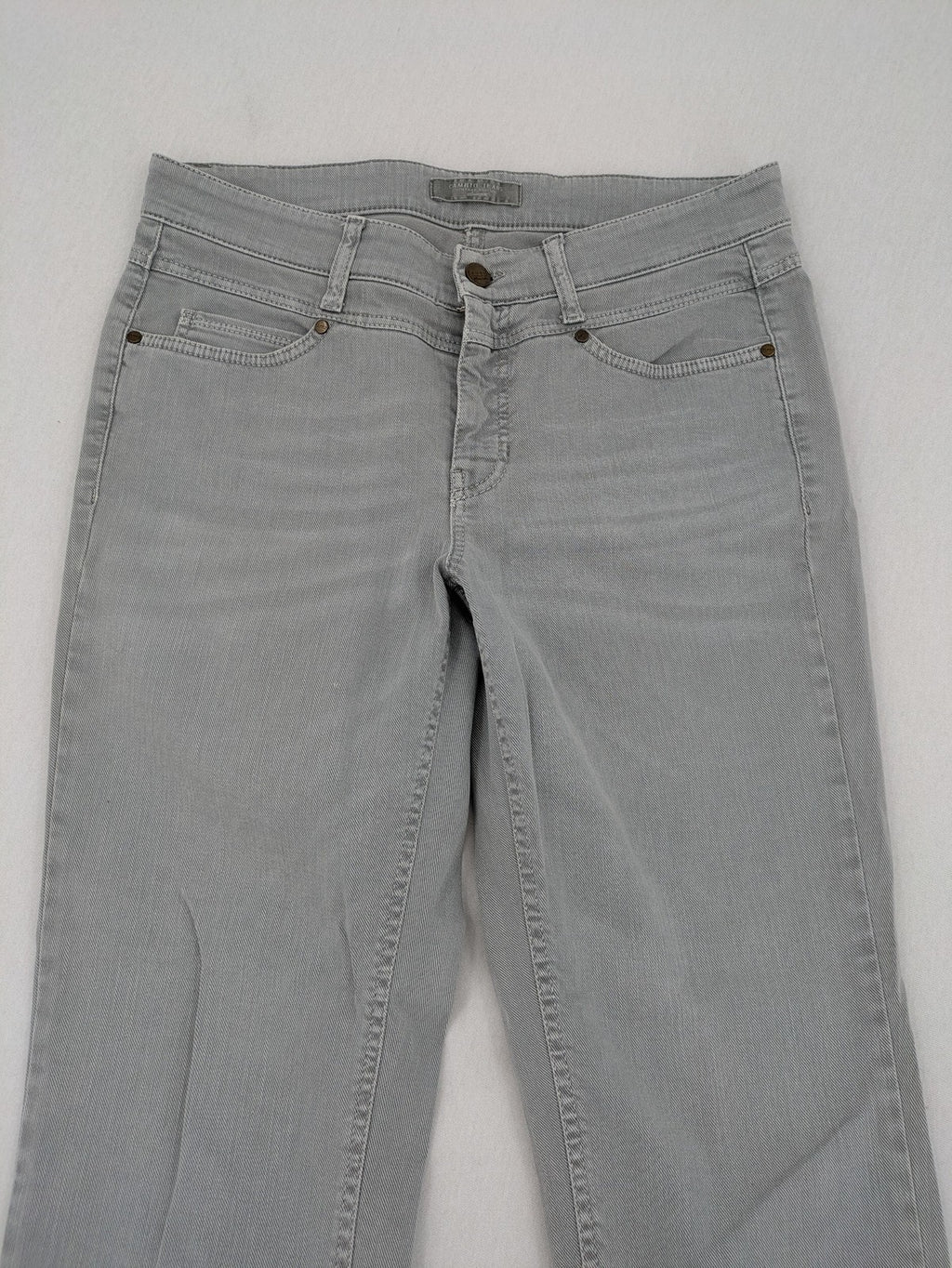 Cambio grey straight leg jeans with five-pocket design and logo button closure.