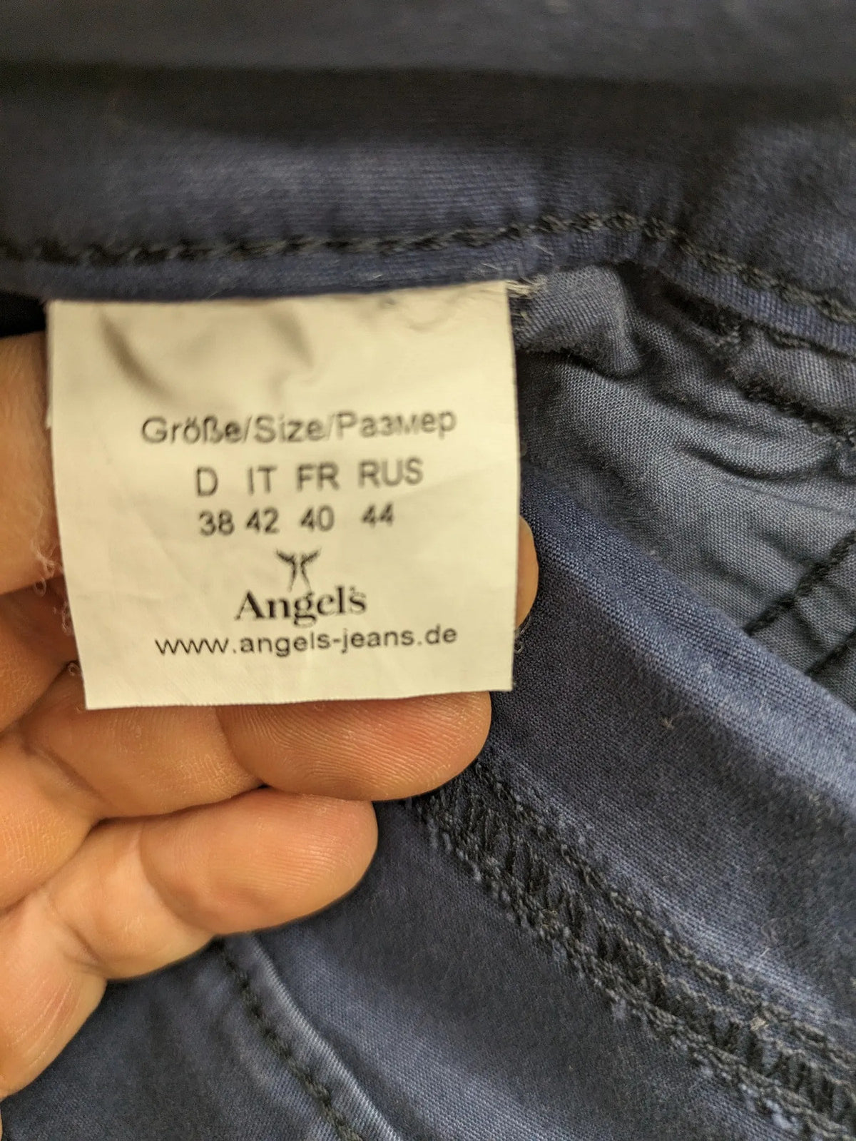 Angels blue straight jeans with five-pocket design and vertical front seams.