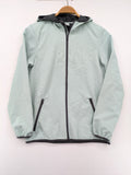 YFK outdoor jacket mint green softshell with dark grey fleece lining and hood.