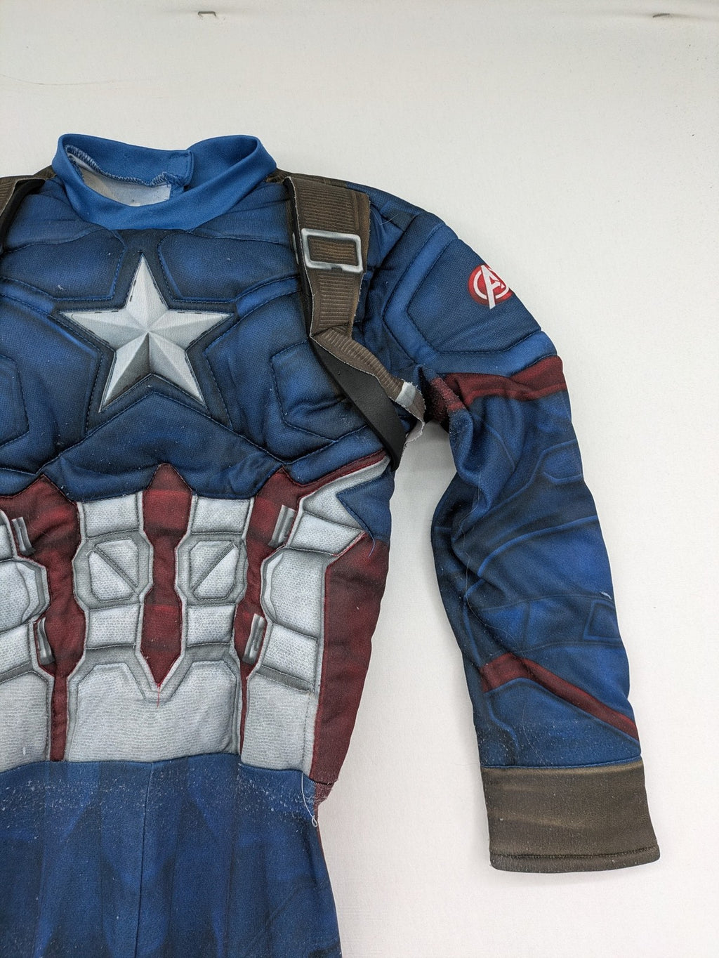 Captain America costume multi-coloured with padded muscle chest and shoulder details.