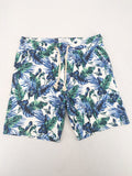Nils Sundström blue and green tropical floral shorts with white background and elastic waistband.