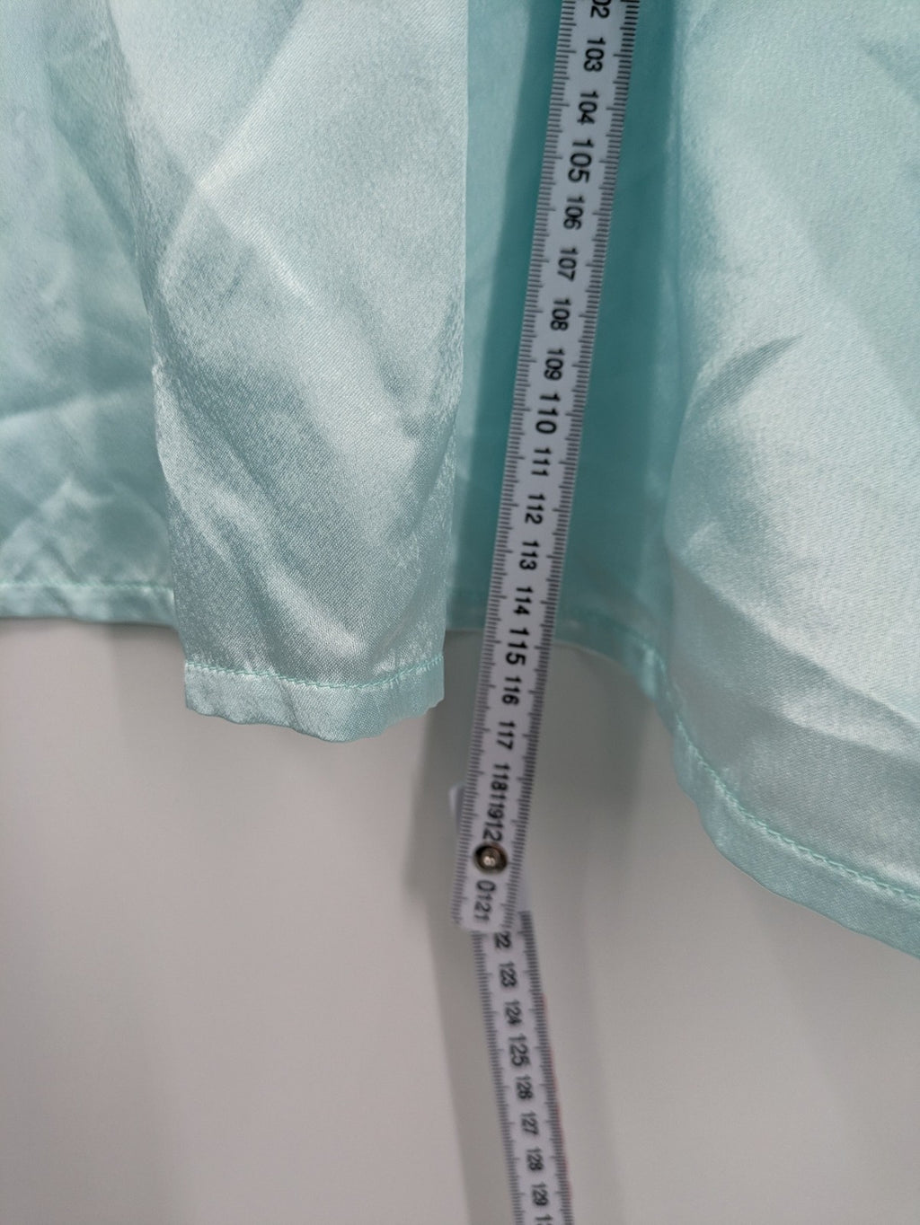 Linea blue vintage nightgown satin fabric with embroidered floral lace collar and ruffles.