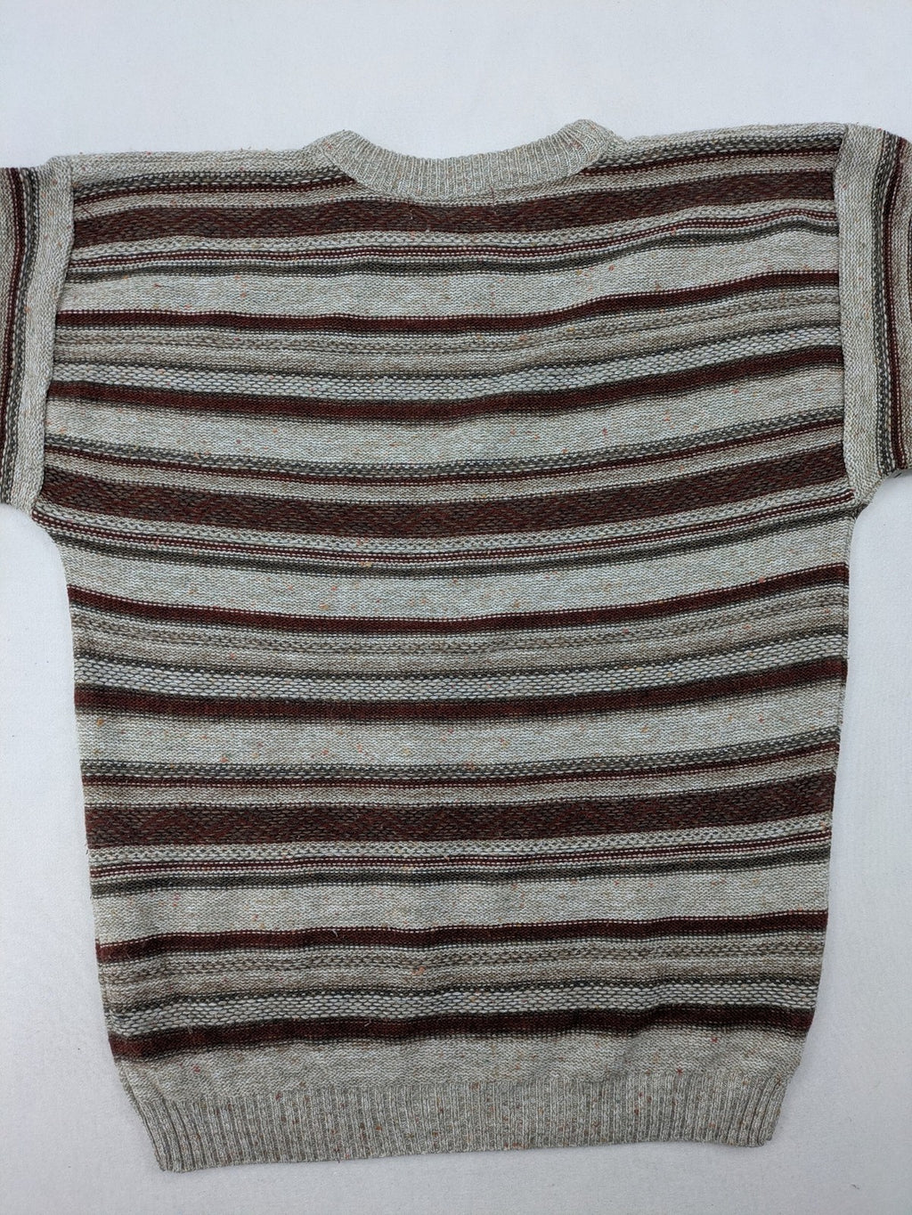 MC Casuals multi turtle neck jumper vintage striped pattern in brown and grey acrylic.