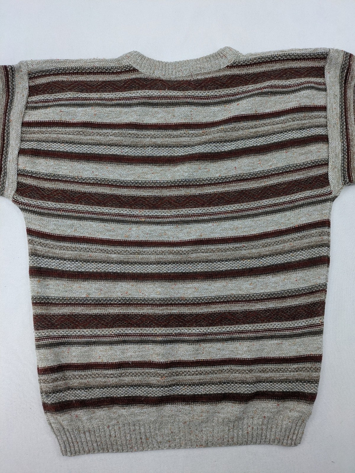 MC Casuals multi turtle neck jumper vintage striped pattern in brown and grey acrylic.